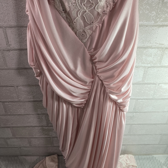 80s Vintage Prom Dress Satin Pink Lace Bodice Sleeveless Ruched Union Made Small - Picture 3 of 16